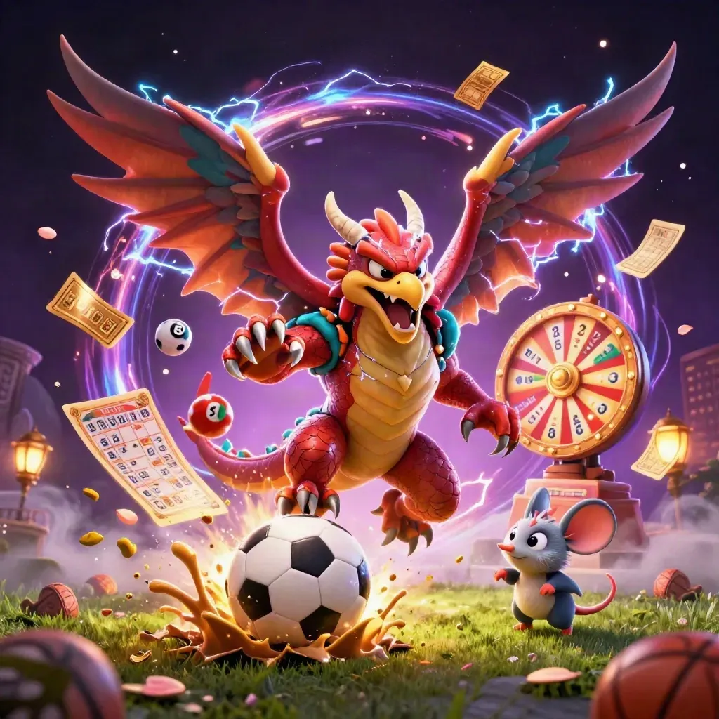 Thunder dragon, wind hawk and static mouse explode around a soccer ball in a casino-lit fantasy sports scene