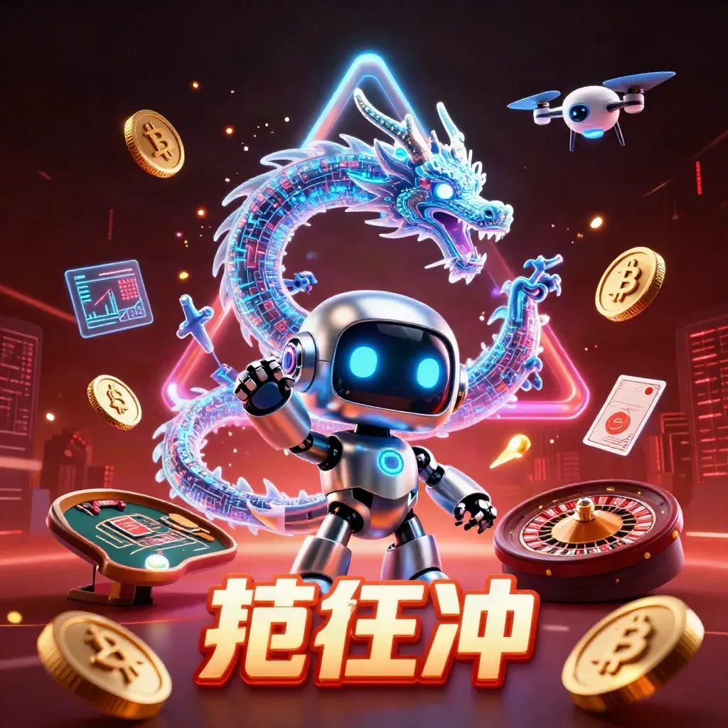 Chrome robot, digital dragon, and coin drone amid casino lights, coins, and neon bolts.