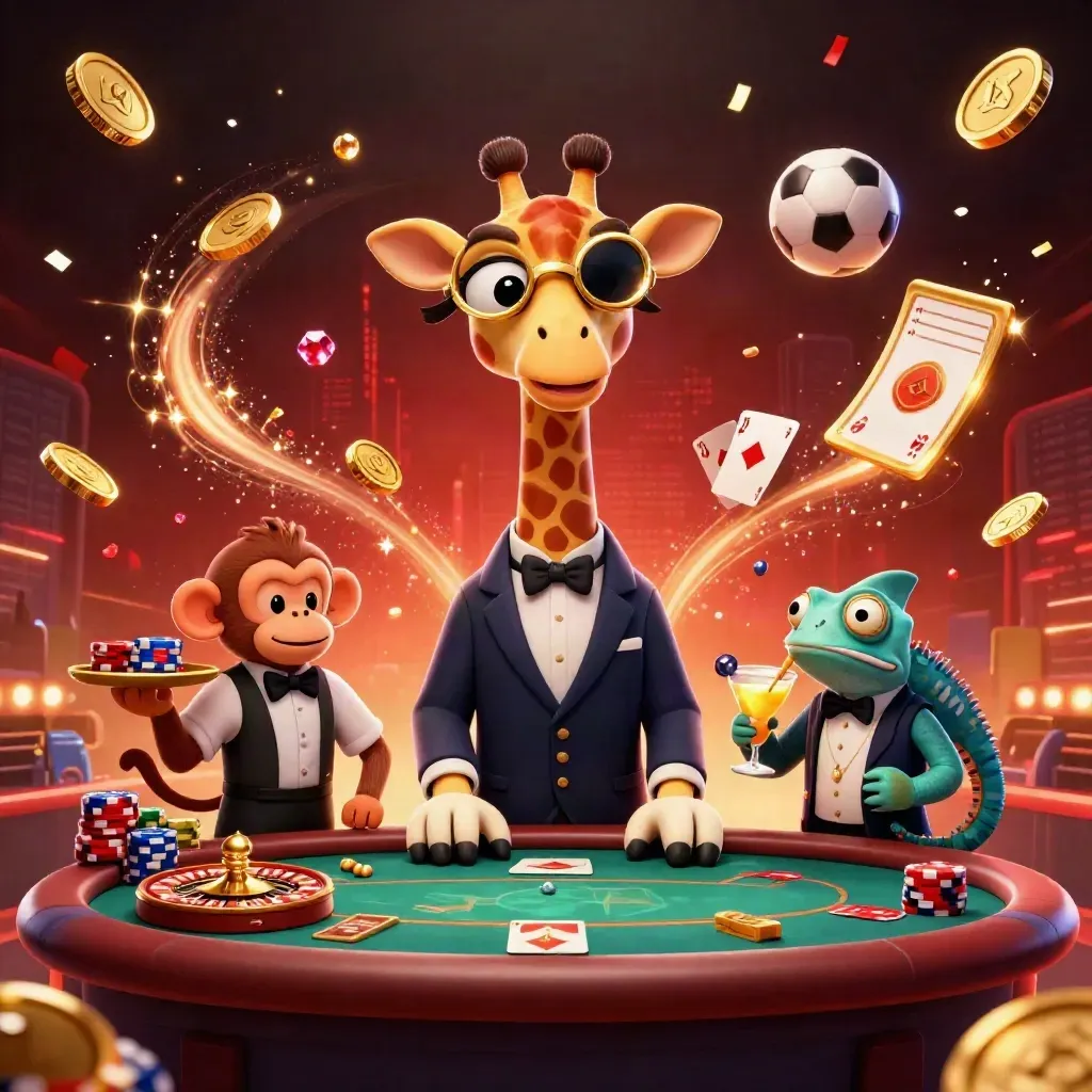 Luxury casino animals amid flying coins, chips, balls, fireworks, and glowing lights.