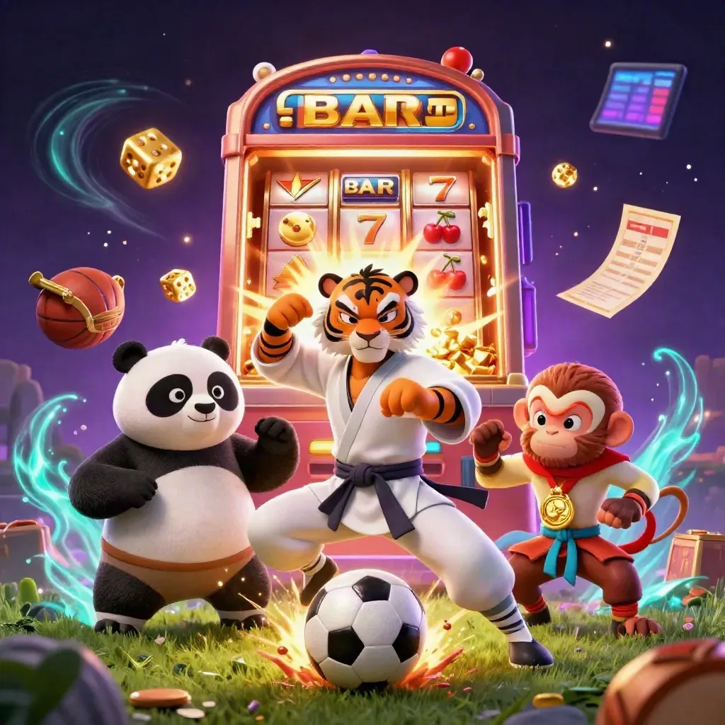 Kung-fu tiger, panda, and monkey amid slot bursts, soccer ball spray, and gold