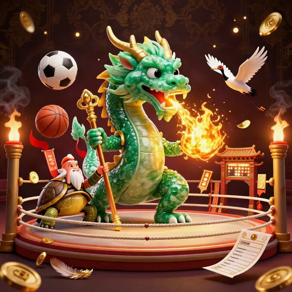 Emerald dragon, turtle sage, and cranes amid sports gear, gold fire, and casino luxe.