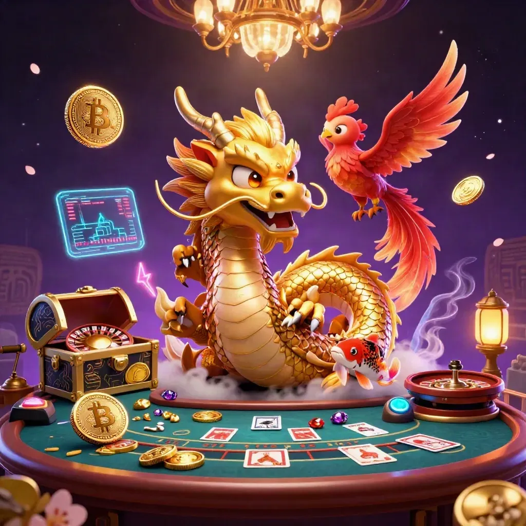 Golden dragon, phoenix, koi, casino lights, coins, gems, and magical energy in a luxe room.