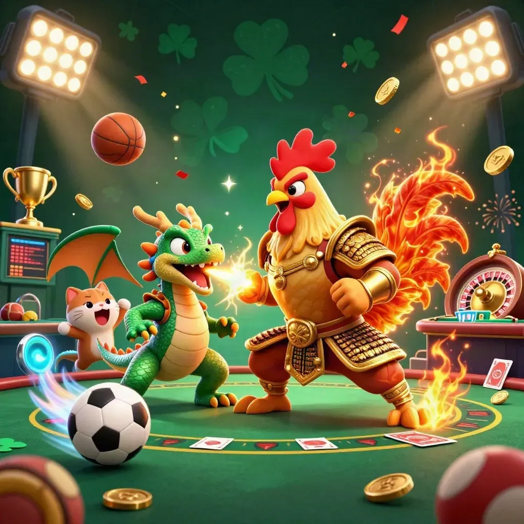 Rooster samurai, dragon hatchling and fortune-cat amid casino lights, coins and fireworks.