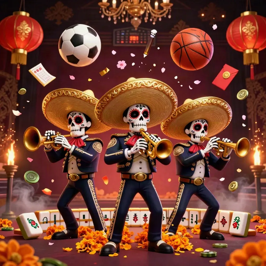 Skeleton mariachi trio amid casino props, balls, lanterns, coins, sparks, and gold-damask glow.