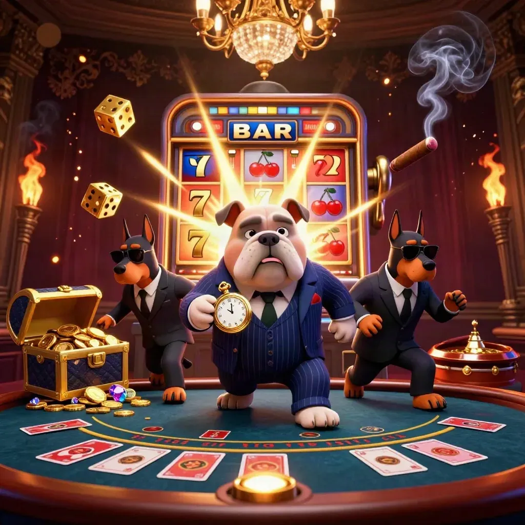 Bulldog boss and Doberman guards amid slot burst, gold, smoke, and chandelier-lit casino luxury