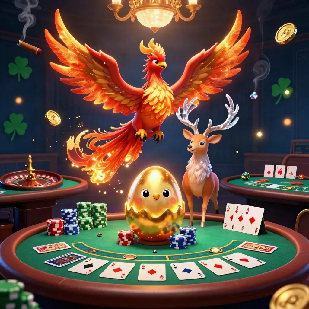 Phoenix trio and stag in a luxe casino room with chips, cards, roulette, and golden light.