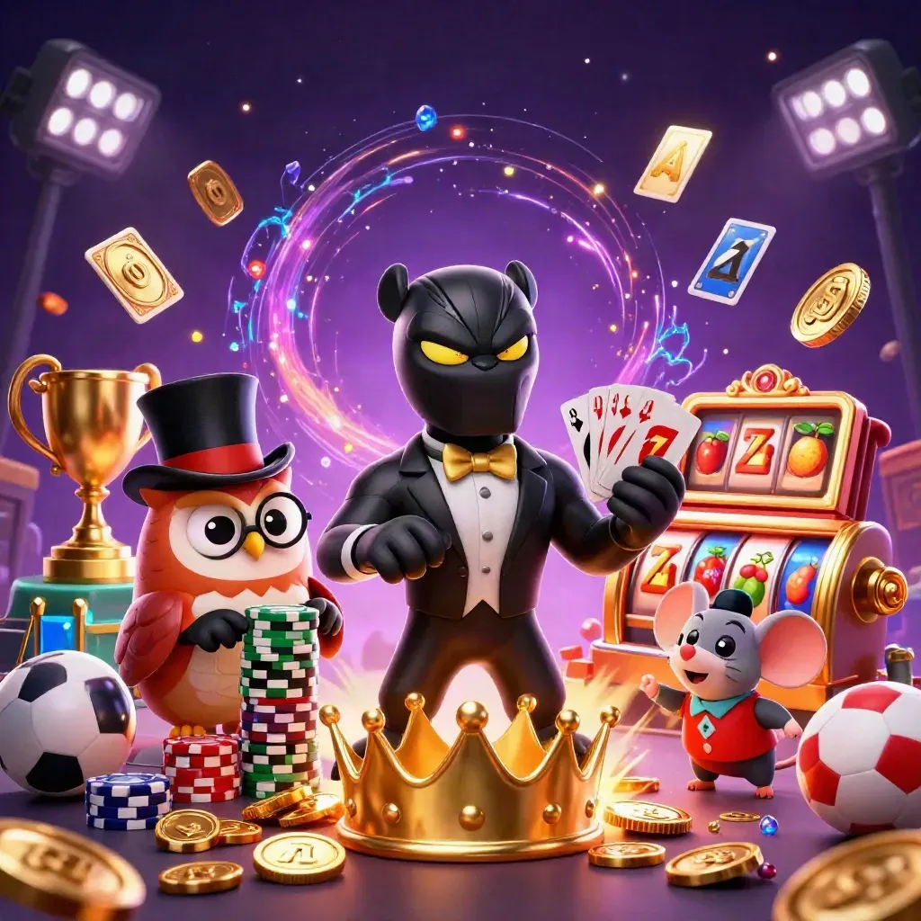 Panther, owl, and mouse casino heroes burst through treasure, chips, cards, and glowing gold energy.