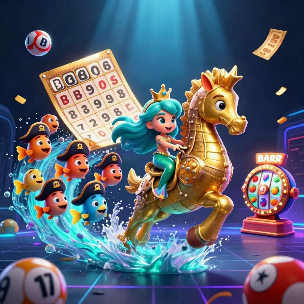 Mermaid princess rides armored seahorse as fish, lottery balls, wheel, tickets, and neon casino effects burst.
