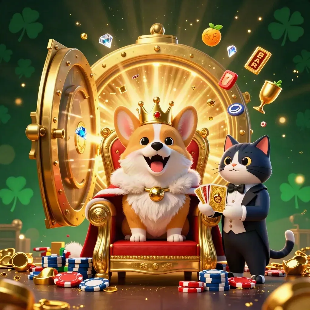 Royal corgi and cat butler explode from a gold vault amid gems, chips, and casino icons.