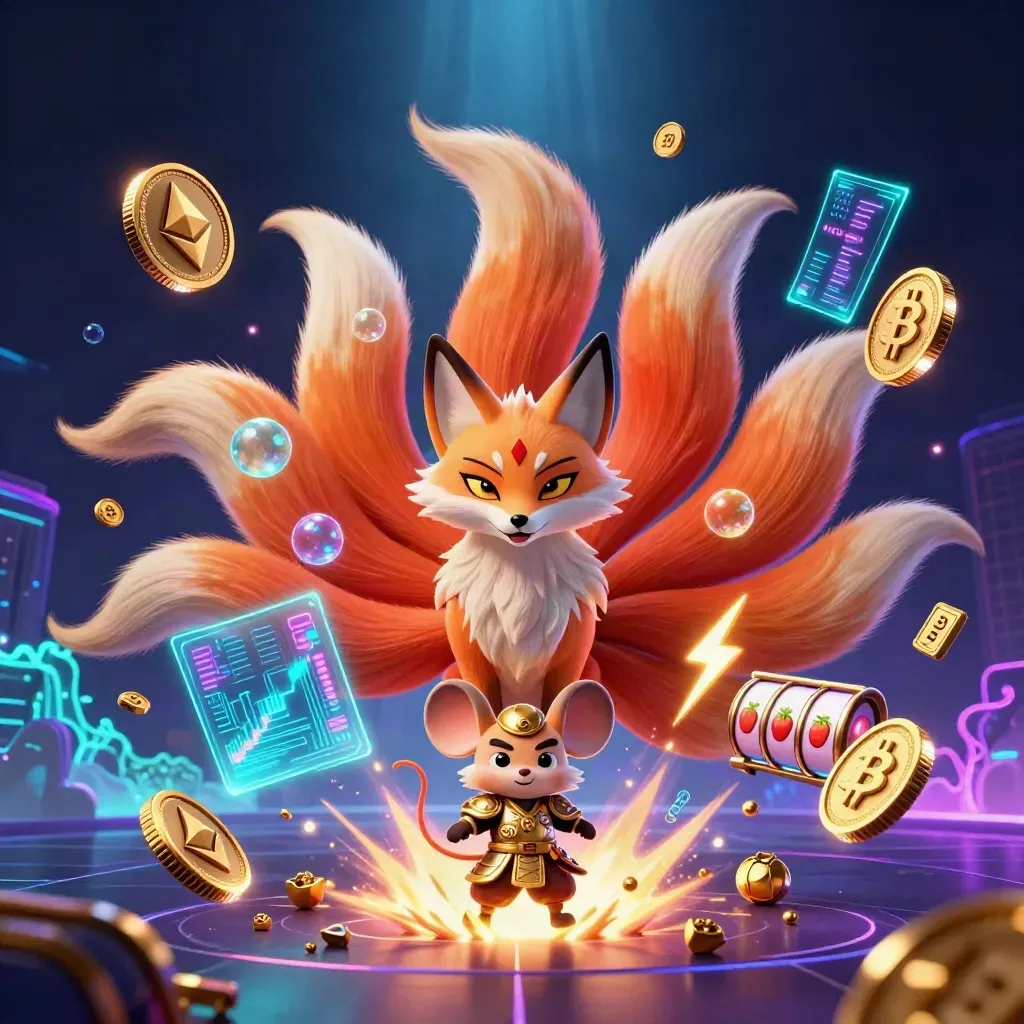Nine-tailed fox spirit and golden samurai mouse amid casino coins, lightning, and glowing effects