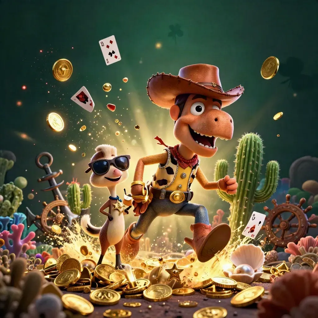 Cowboy T-Rex, cactus sidekick, and roadrunner amid gold coins and coral in a dark emerald treasure cove