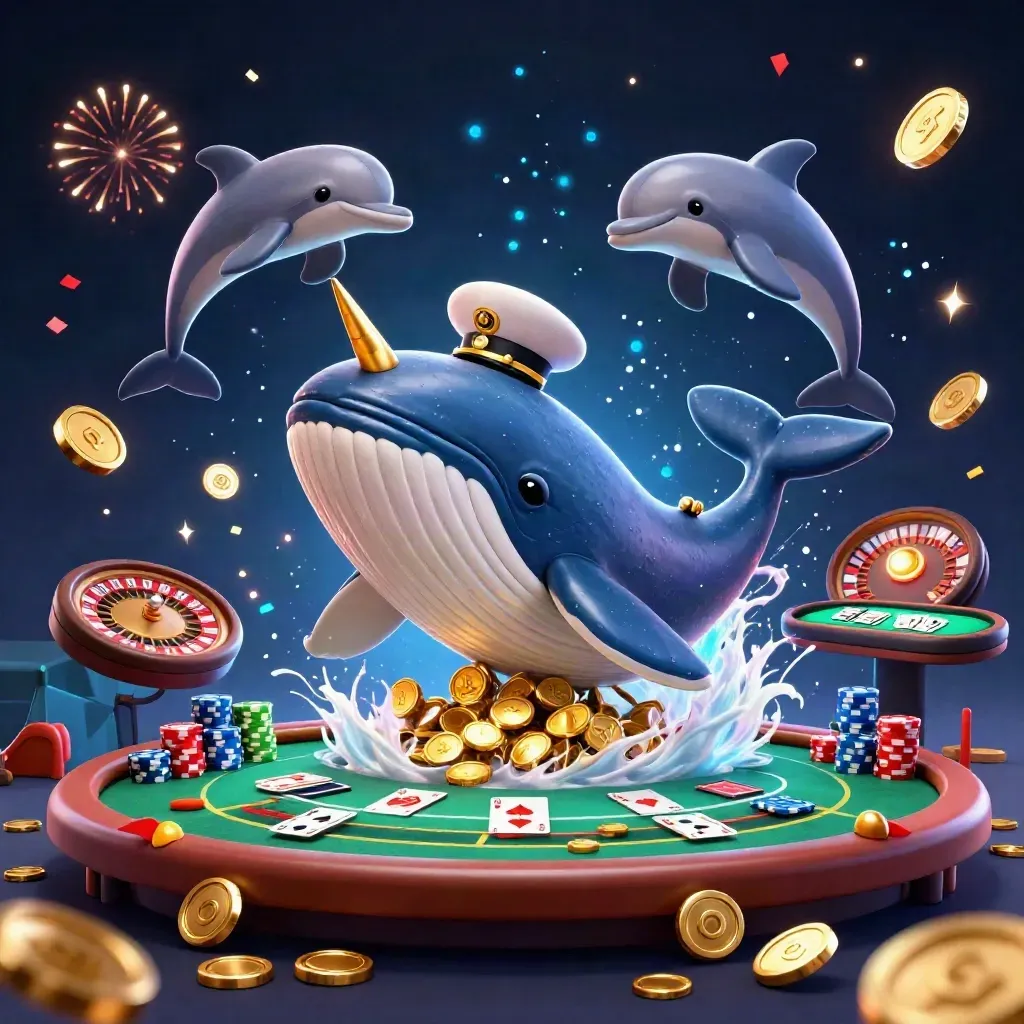 Whale captain, narwhal, and dolphins amid coins, chips, cards, fireworks, and casino glow.