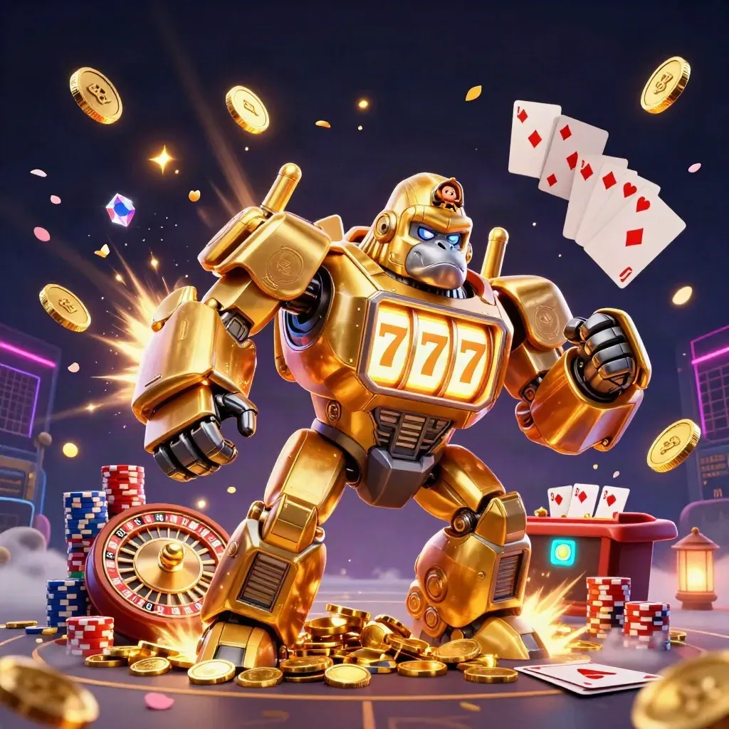 Golden gorilla mech with monkey pilot amid coins, roulette, chips, cards, and fireworks