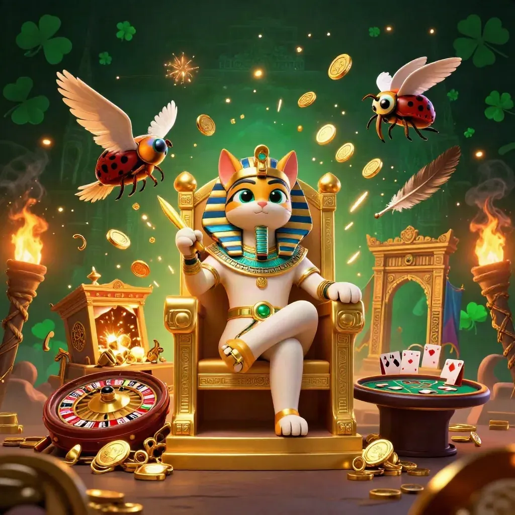Pharaoh cat on throne amid gold coins, ibis scribe, scarabs, roulette wheel and casino chaos.