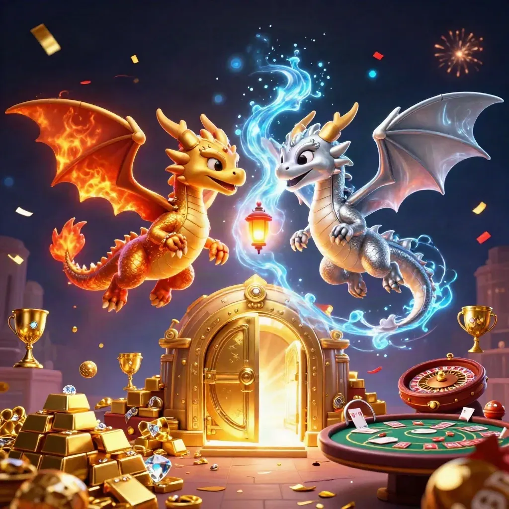 Twin gold and silver dragons with vault treasure, fireworks, and casino symbols in a luxe fantasy burst.