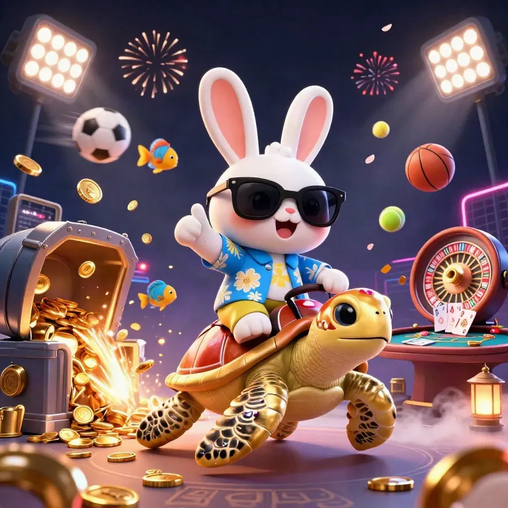Lucky rabbit rides a gold turtle amid coins, fireworks, sports balls, and casino icons