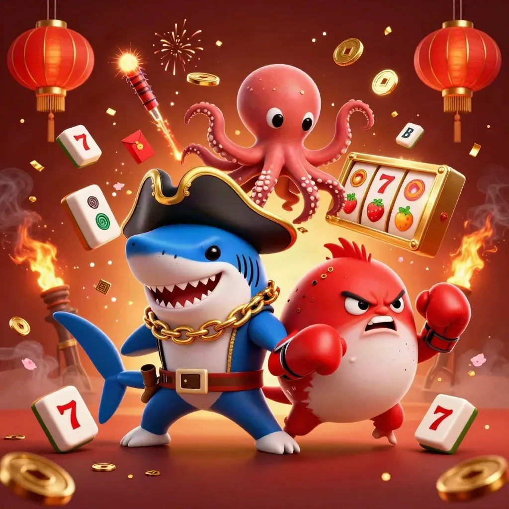 Pirate shark, boxing pufferfish and coin-juggling octopus amid casino sparks and lanterns.