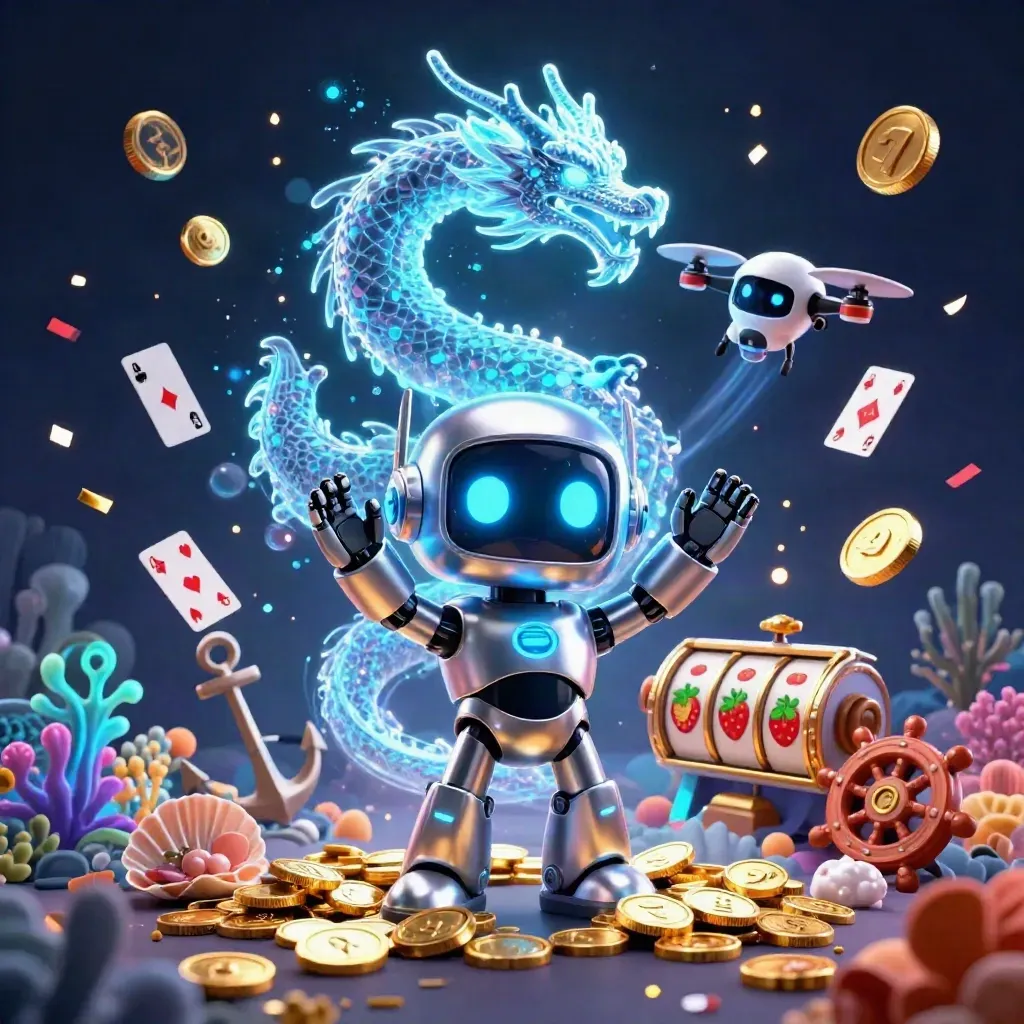 Chrome robot, holographic dragon, and coin drone amid casino treasure and glowing effects.