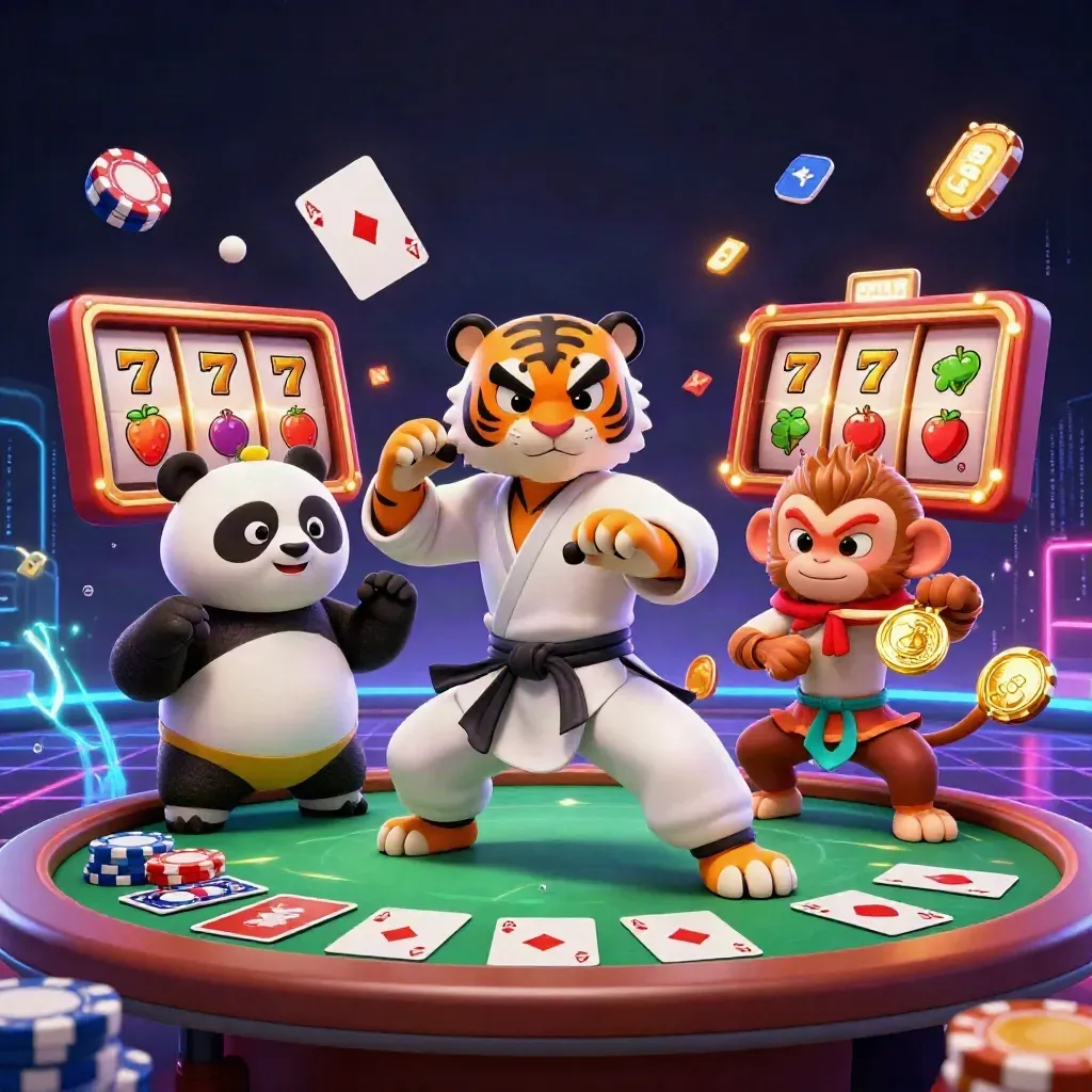 Tiger, panda, and monkey in a neon casino battle surrounded by chips, cards, reels, and gold sparks.