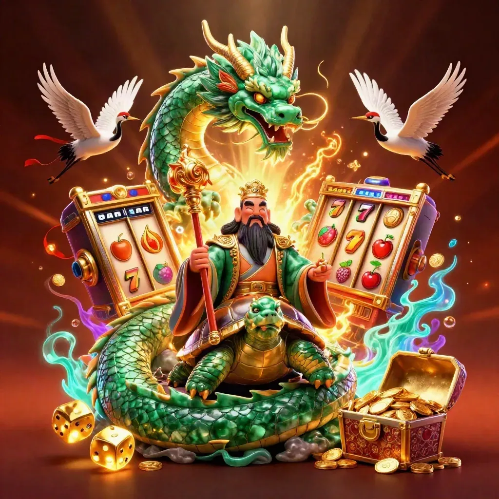 Emerald dragon, turtle sage, and cranes amid slot bursts, gold fire, and jackpot glow.