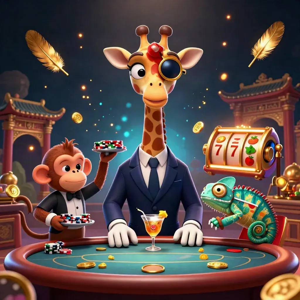 Giraffe, monkey, and chameleon at a VIP casino table with coins, reels, and glowing effects.
