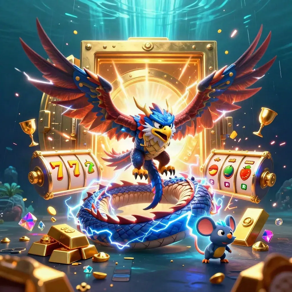 Thunder dragon, wind hawk and static mouse amid vault loot, slot symbols and neon casino lightning.