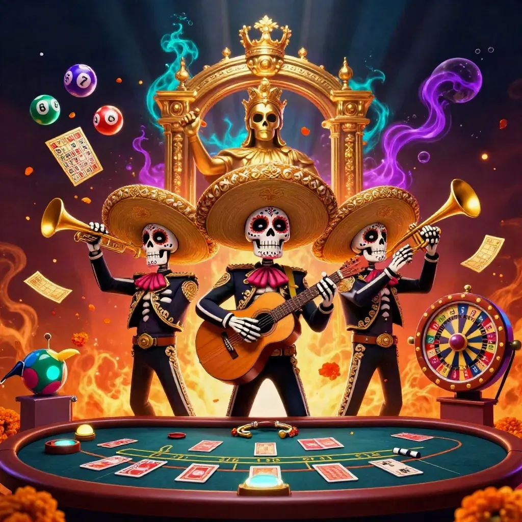 Three mariachi skeletons amid casino wheels, jackpot balls, and glowing gold light.