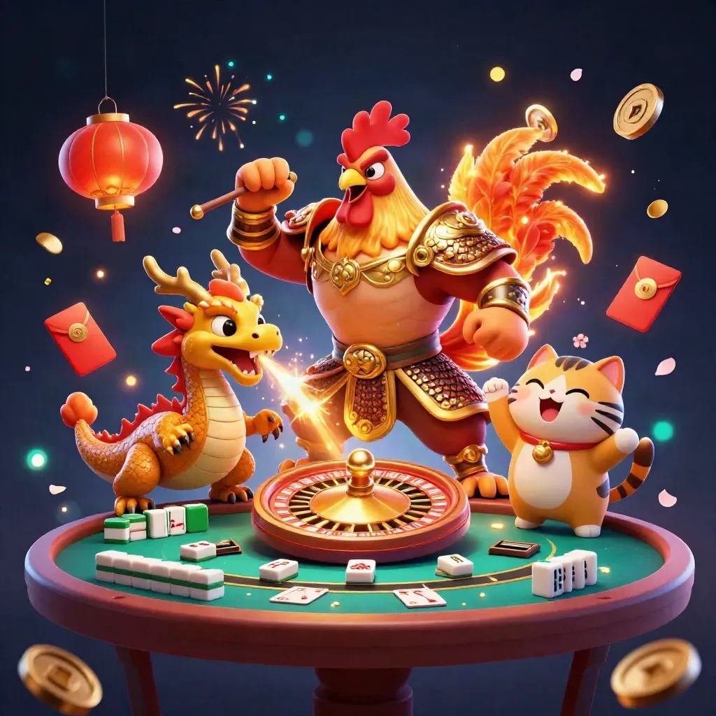Rooster warrior, dragon hatchling, and fortune cat amid casino treasures in gold light